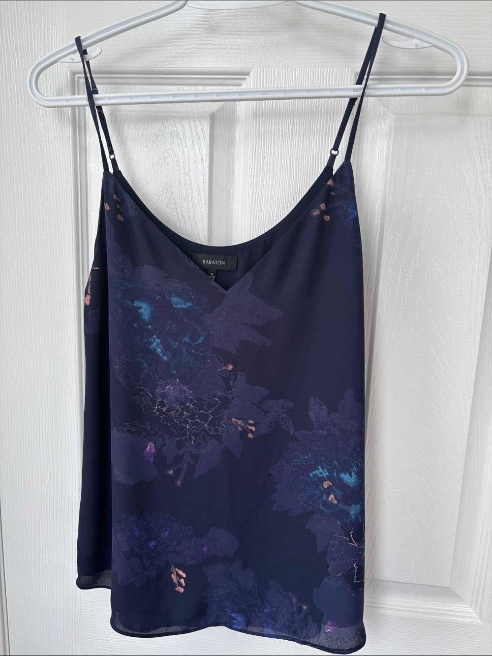 Babaton Navy Floral V-Neck Strappy Cami lined XS Crepe Tank Garden Office Summer